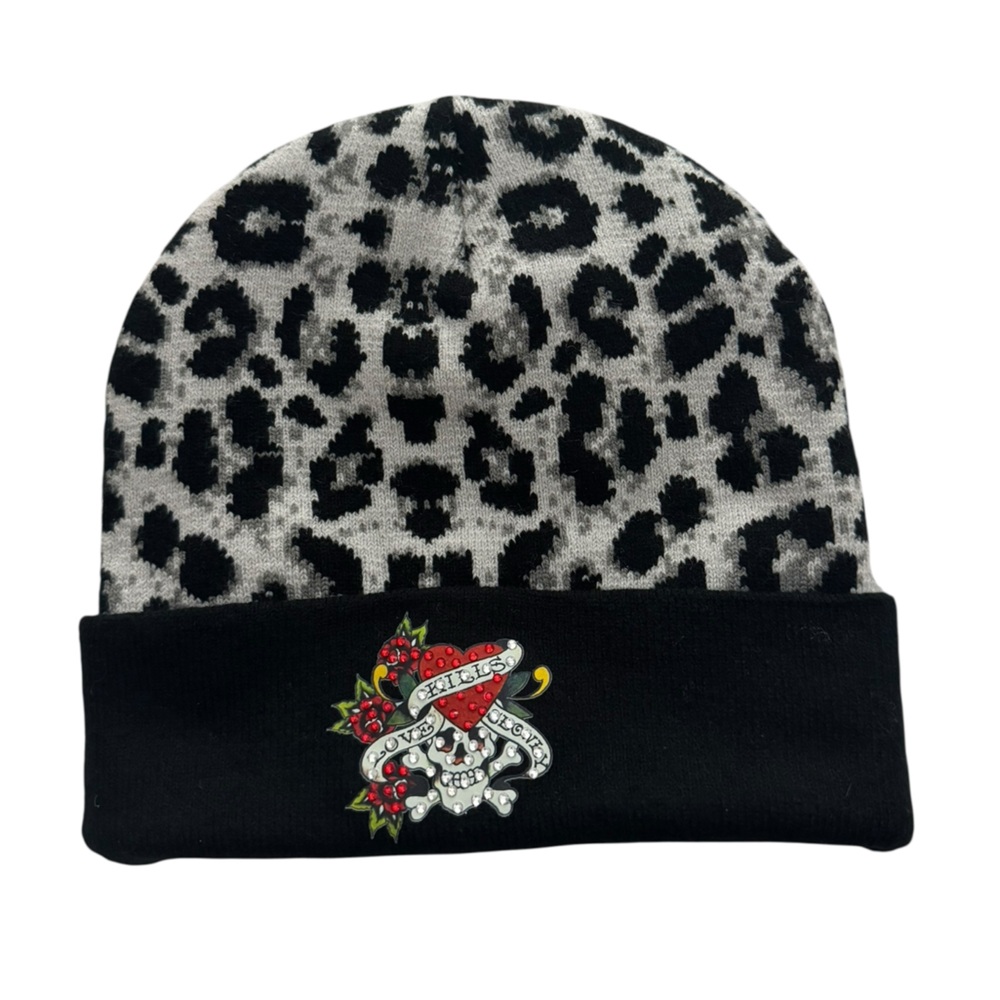 Ed Hardy Leopard Print Beanie with Black Cuff